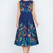 Yumi Navy Woodland Animal Print Cotton Midi Skater Dress