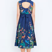 Yumi Navy Woodland Animal Print Cotton Midi Skater Dress