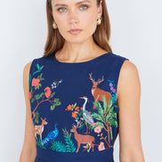 Yumi Navy Woodland Animal Print Cotton Midi Skater Dress