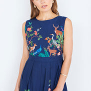 Yumi Navy Woodland Animal Print Cotton Midi Skater Dress