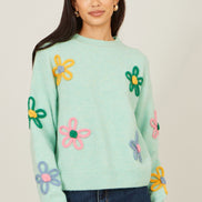 Yumi Green Relaxed Flower Embroidered Jumper