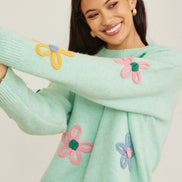 Yumi Green Relaxed Flower Embroidered Jumper