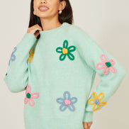 Yumi Green Relaxed Flower Embroidered Jumper