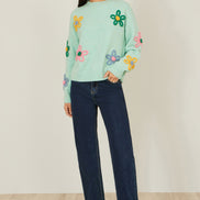 Yumi Green Relaxed Flower Embroidered Jumper