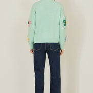 Yumi Green Relaxed Flower Embroidered Jumper