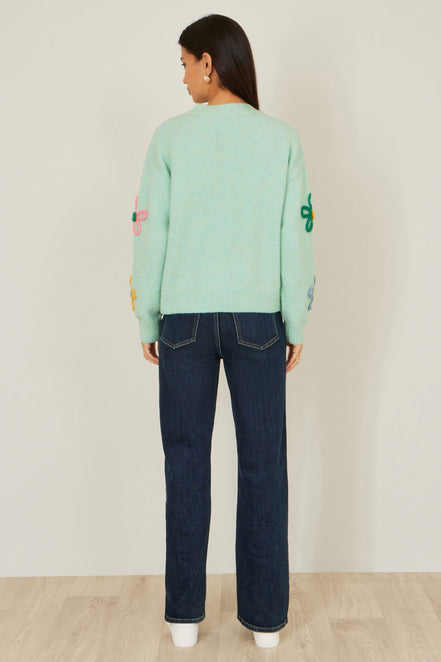 Yumi Green Relaxed Flower Embroidered Jumper