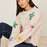Yumi Oatmeal Relaxed Flower Embroidered Jumper