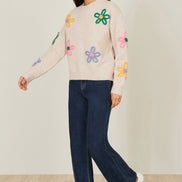Yumi Oatmeal Relaxed Flower Embroidered Jumper
