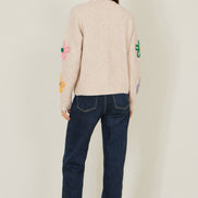 Yumi Oatmeal Relaxed Flower Embroidered Jumper