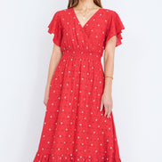 Yumi Red Broderie Anglaise Wrap Midi Dress with Flower Embroidery