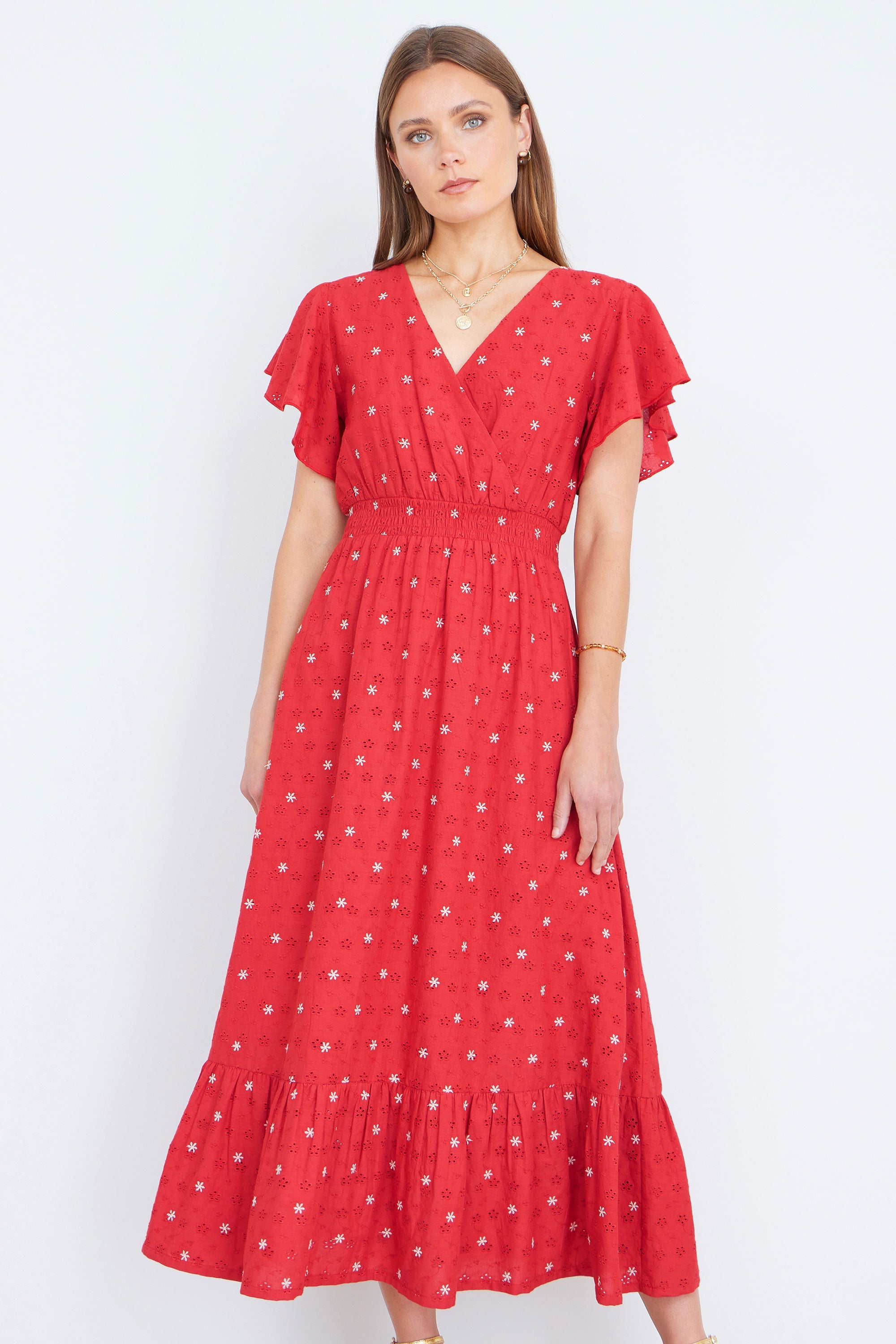 Yumi Red Broderie Anglaise Wrap Midi Dress with Flower Embroidery
