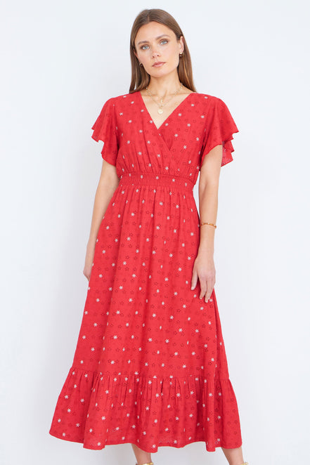 Yumi Red Broderie Anglaise Wrap Midi Dress with Flower Embroidery