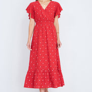 Yumi Red Broderie Anglaise Wrap Midi Dress with Flower Embroidery