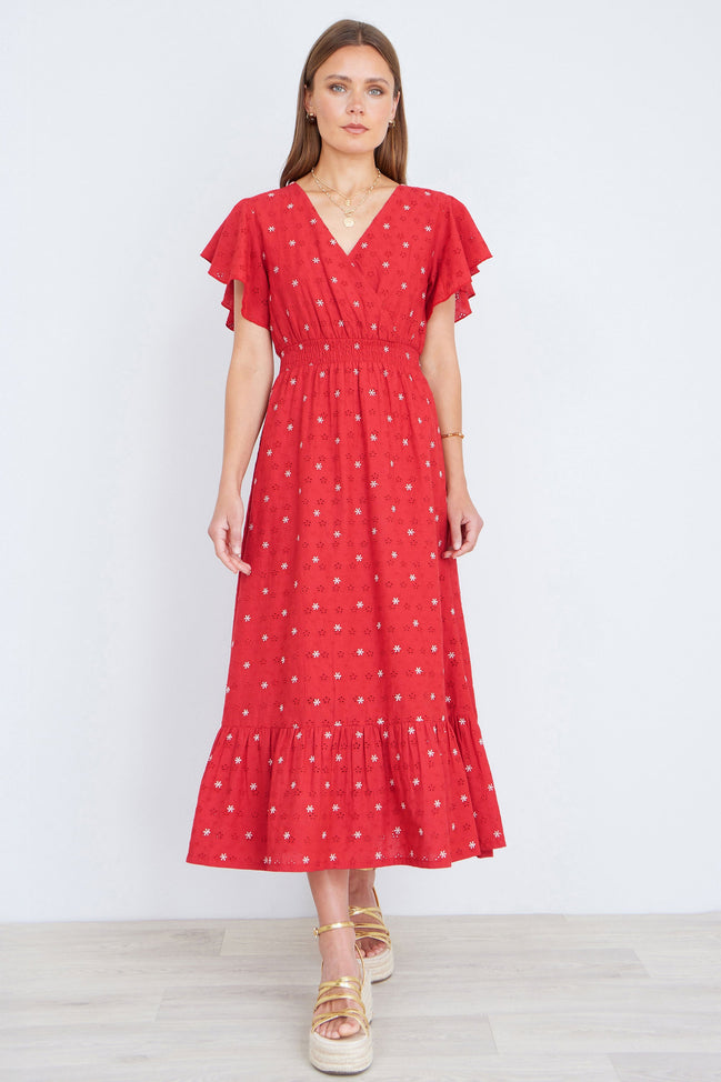 Yumi Red Broderie Anglaise Wrap Midi Dress with Flower Embroidery
