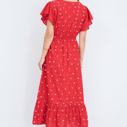 Yumi Red Broderie Anglaise Wrap Midi Dress with Flower Embroidery
