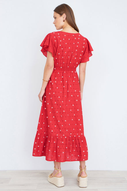 Yumi Red Broderie Anglaise Wrap Midi Dress with Flower Embroidery