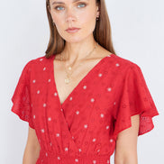 Yumi Red Broderie Anglaise Wrap Midi Dress with Flower Embroidery