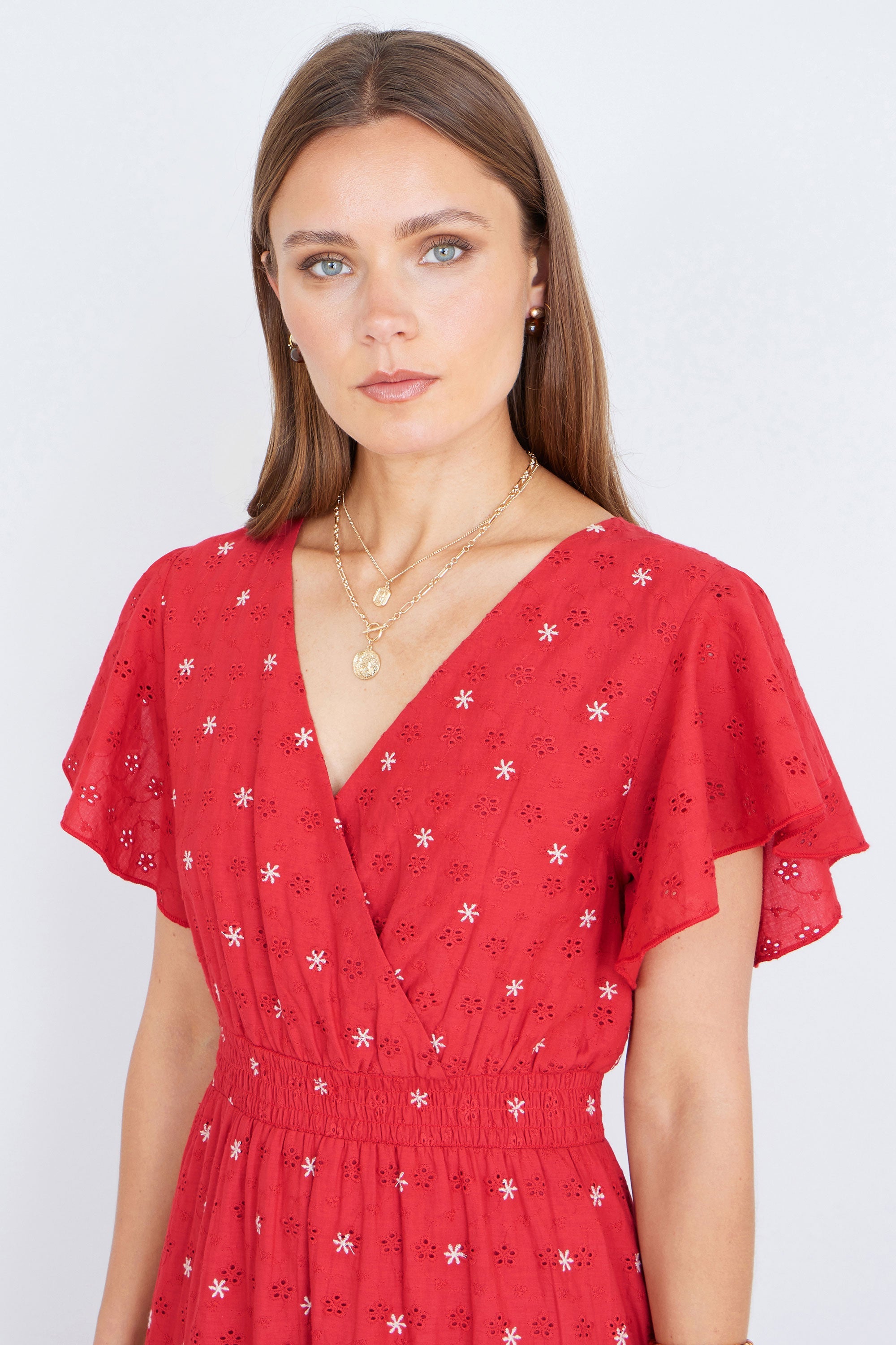 Yumi Red Broderie Anglaise Wrap Midi Dress with Flower Embroidery