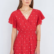 Yumi Red Broderie Anglaise Wrap Midi Dress with Flower Embroidery