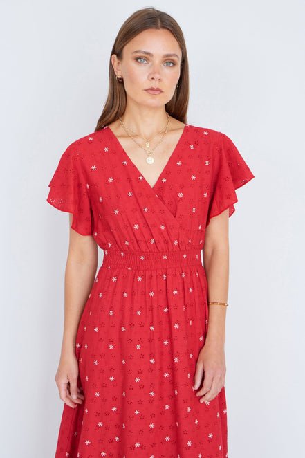 Yumi Red Broderie Anglaise Wrap Midi Dress with Flower Embroidery