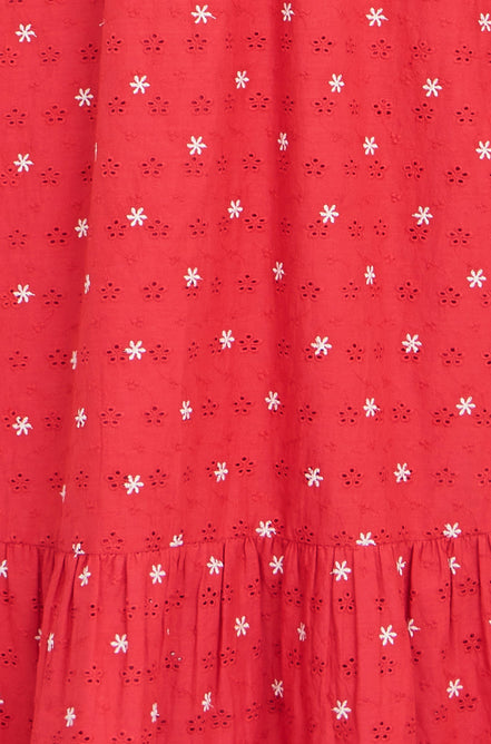 Yumi Red Broderie Anglaise Wrap Midi Dress with Flower Embroidery