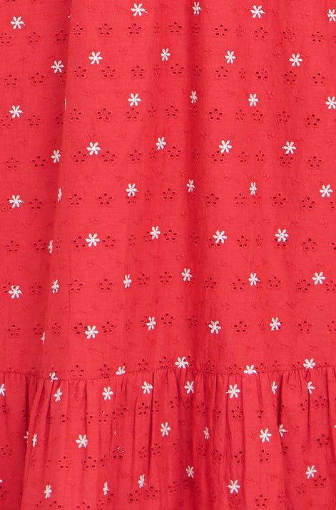 Yumi Red Broderie Anglaise Wrap Midi Dress With Flower Embroidery