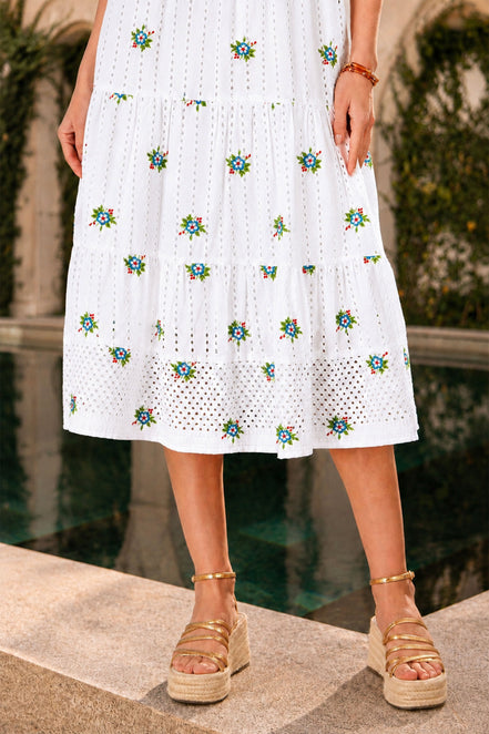 Yumi White Cotton Embroidered Broderie Anglaise Midi Sun Dress