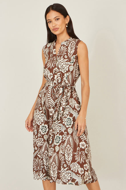 Yumi Brown Leaf Print Shirt Dress