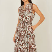 Yumi Brown Leaf Print Shirt Dress