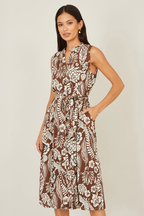 Yumi Brown Leaf Print Shirt Dress