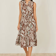 Yumi Brown Leaf Print Shirt Dress