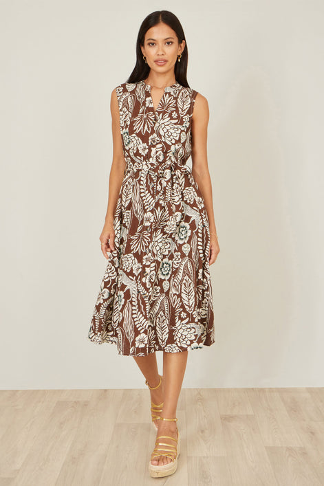 Yumi Brown Leaf Print Shirt Dress