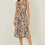 Yumi Brown Leaf Print Shirt Dress