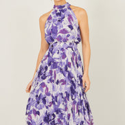 Yumi Purple Abstract Floral Halter Neck Pleated Midi Dress