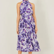 Yumi Purple Abstract Floral Halter Neck Pleated Midi Dress