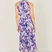 Yumi Purple Abstract Floral Halter Neck Pleated Midi Dress