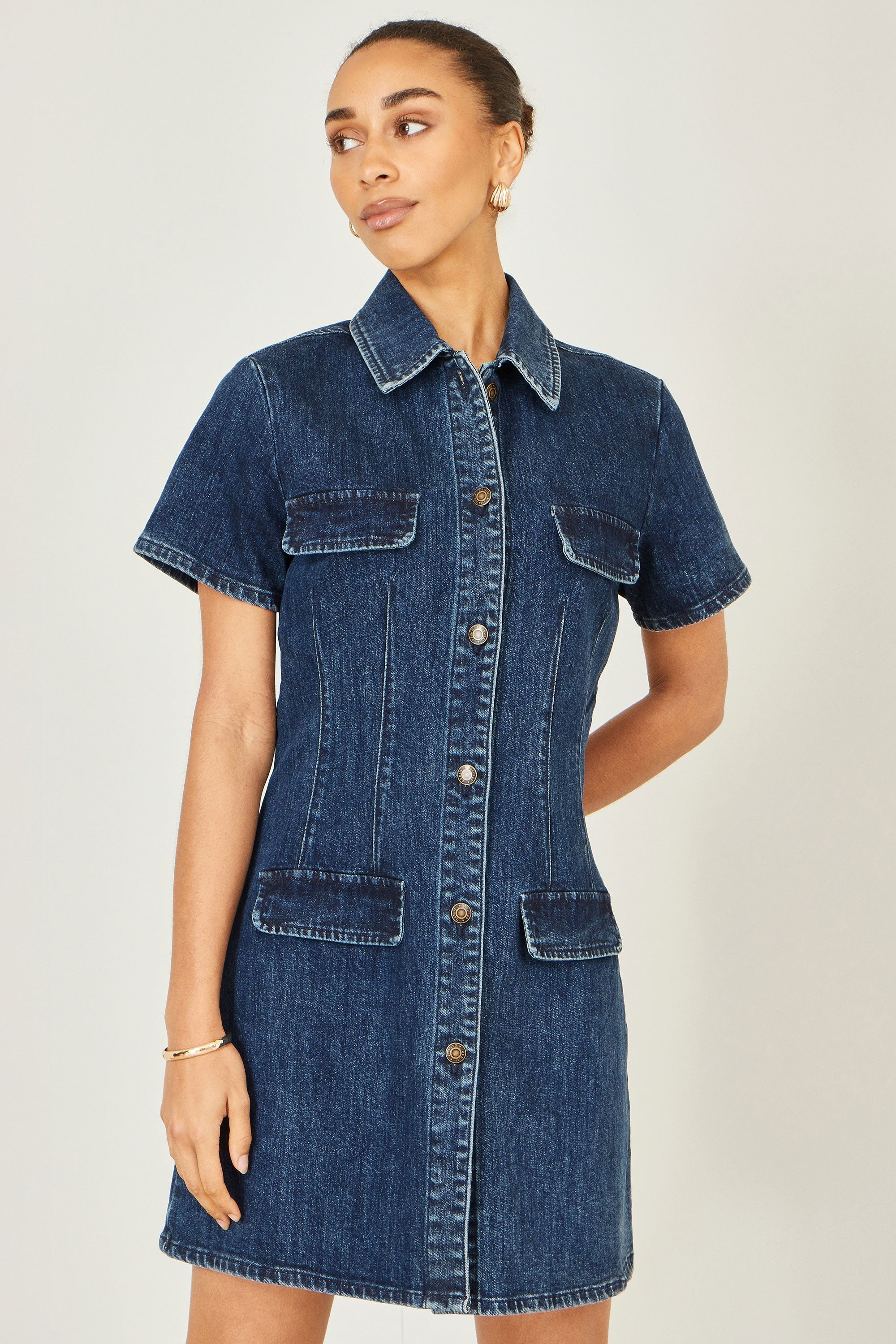 Yumi Blue Denim Stretch Shirt Dress with Pocket Details