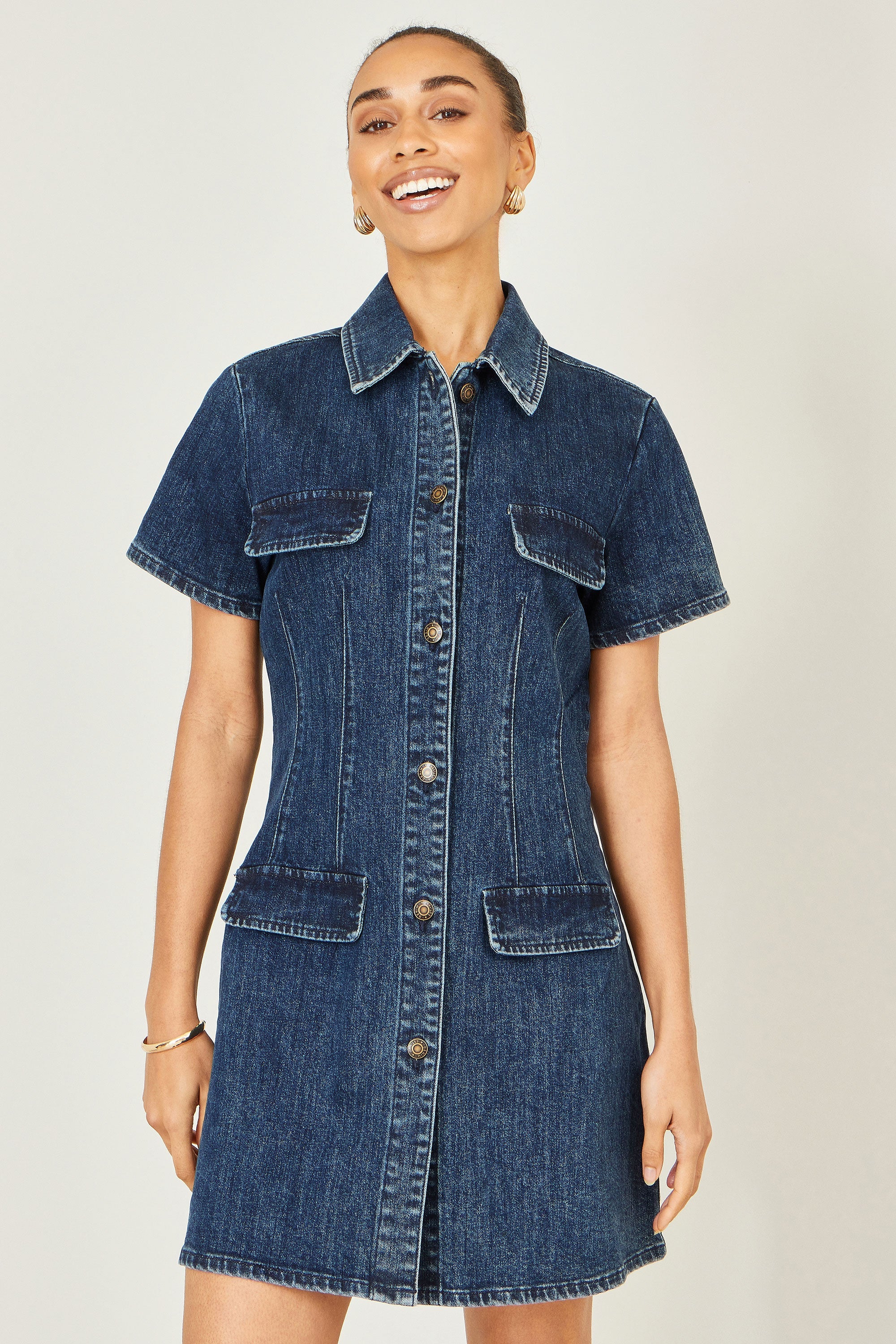Yumi Blue Denim Stretch Shirt Dress with Pocket Details