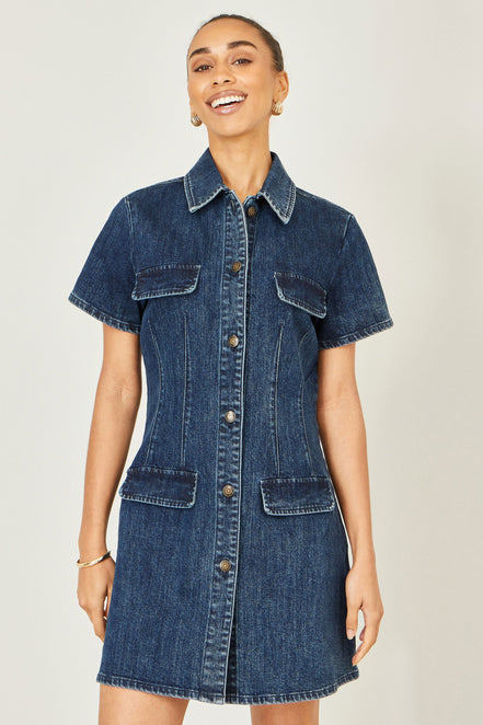 Yumi Blue Denim Stretch Shirt Dress with Pocket Details