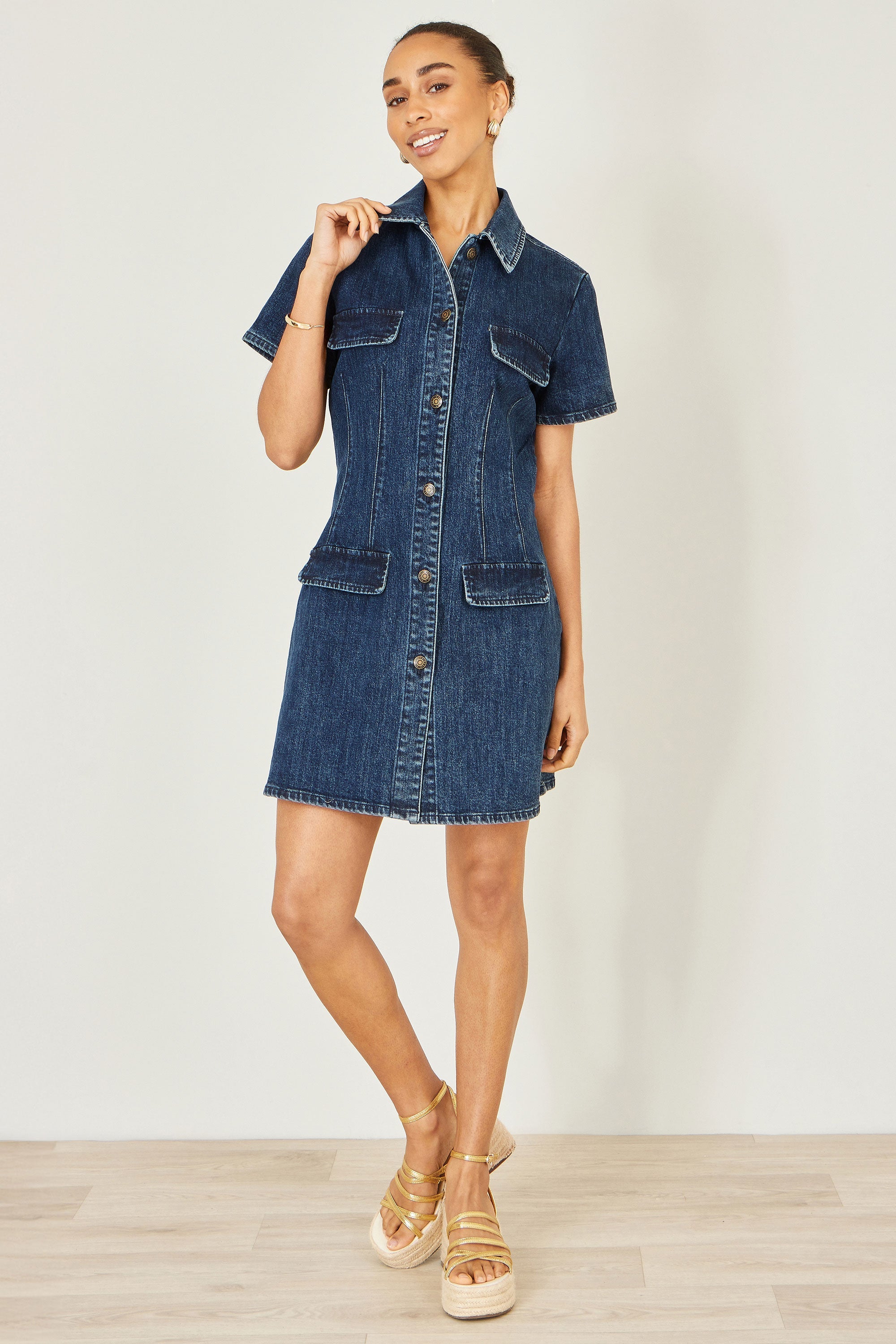 Yumi Blue Denim Stretch Shirt Dress with Pocket Details