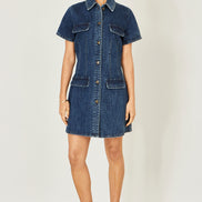 Yumi Blue Denim Stretch Shirt Dress with Pocket Details