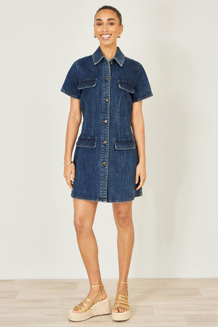 Yumi Blue Denim Stretch Shirt Dress with Pocket Details