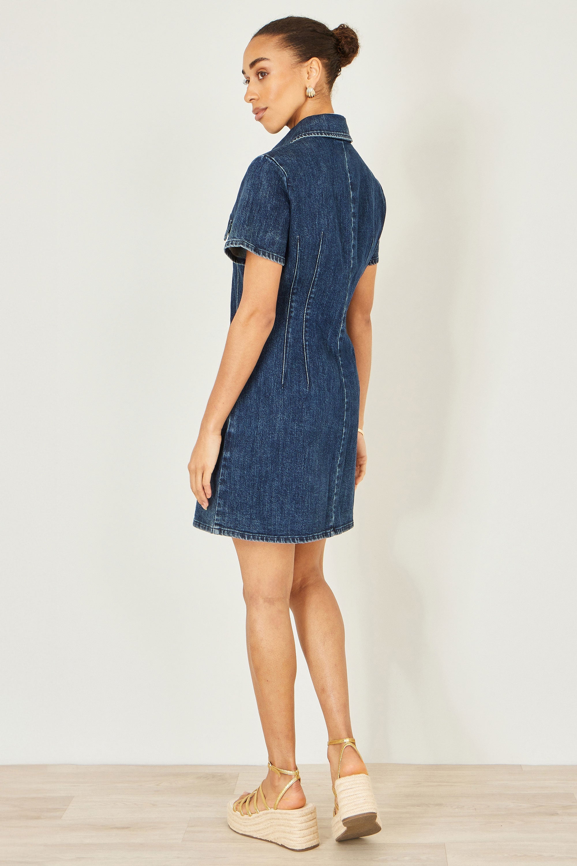 Yumi Blue Denim Stretch Shirt Dress with Pocket Details