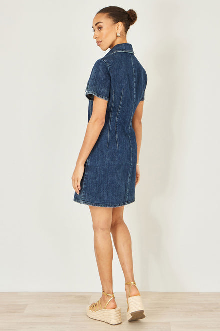 Yumi Blue Denim Stretch Shirt Dress with Pocket Details