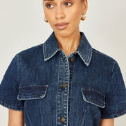 Yumi Blue Denim Stretch Shirt Dress with Pocket Details
