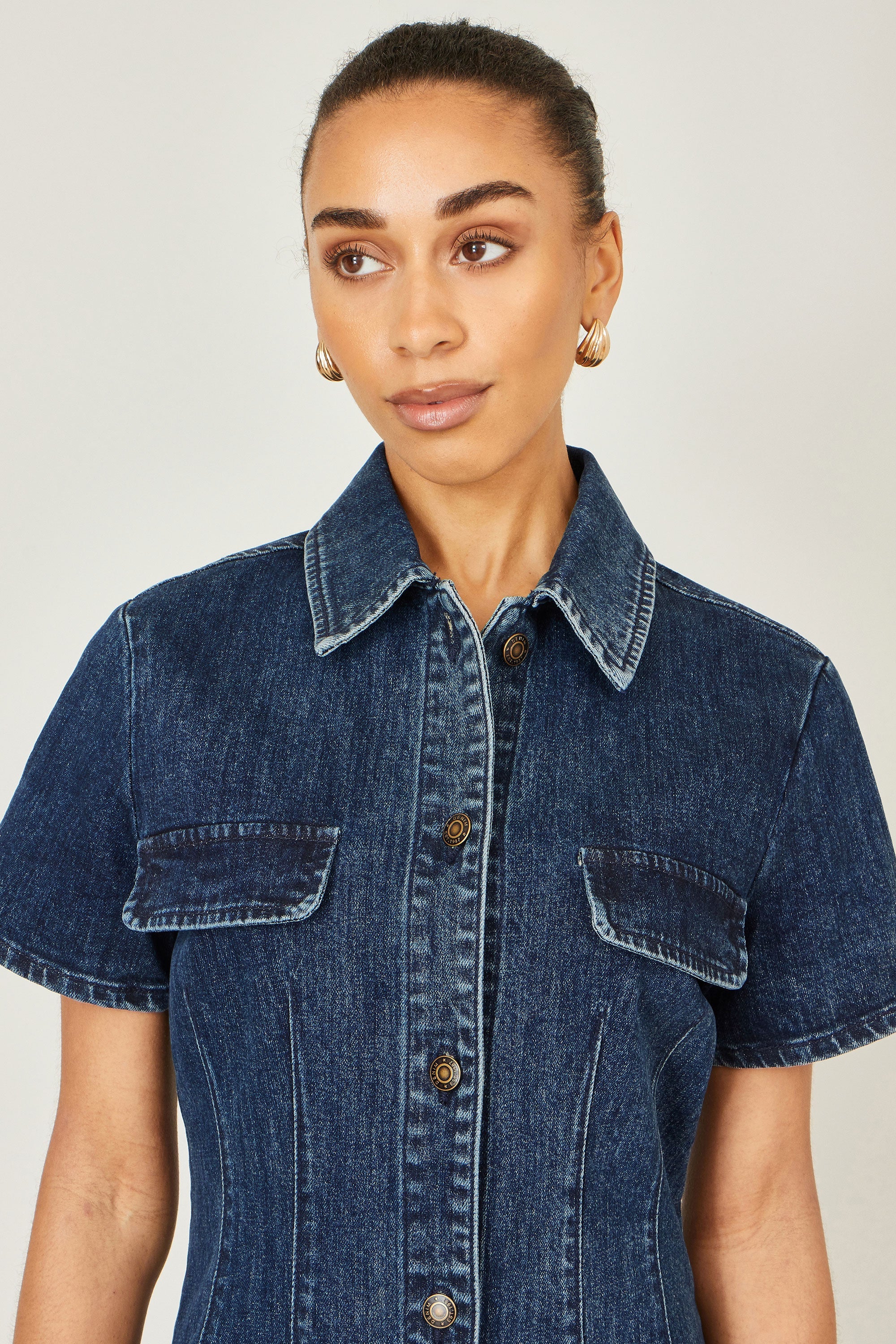 Yumi Blue Denim Stretch Shirt Dress with Pocket Details