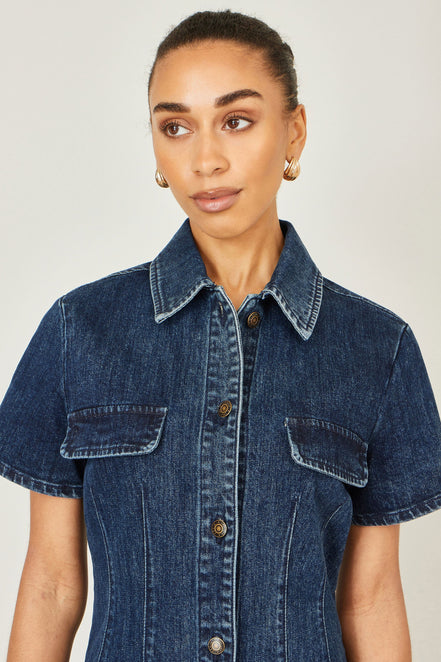 Yumi Blue Denim Stretch Shirt Dress with Pocket Details