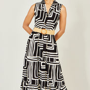 Yumi Black Viscose Geo Print Midi Shirt Dress With Matching Belt