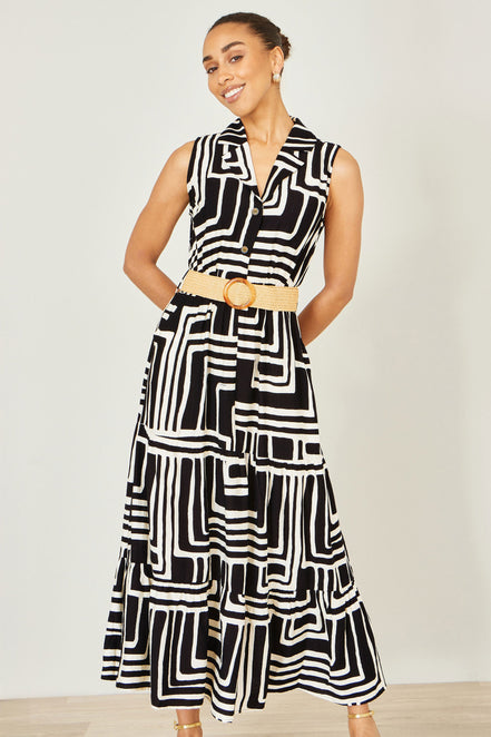 Yumi Black Viscose Geo Print Midi Shirt Dress With Matching Belt