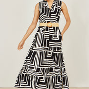Yumi Black Viscose Geo Print Midi Shirt Dress With Matching Belt